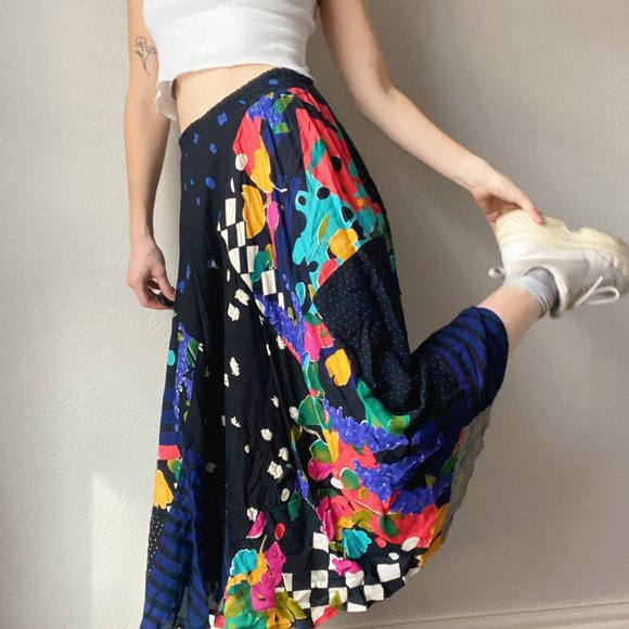 Vintage Dresses & Skirts - Vintage Carole Little Black Funky Printed Crepe Maxi Skirt